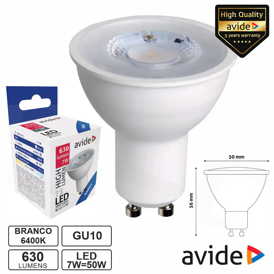 Lâmpada LED GU10 Spot 36º 7W 230V 6400K 630lm AVIDE 1