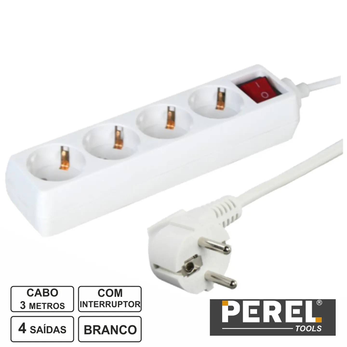 TOMADA ELÉTRICA C/ 4 SAÍDAS INTERRUPTOR 3M BRANCO PEREL 1