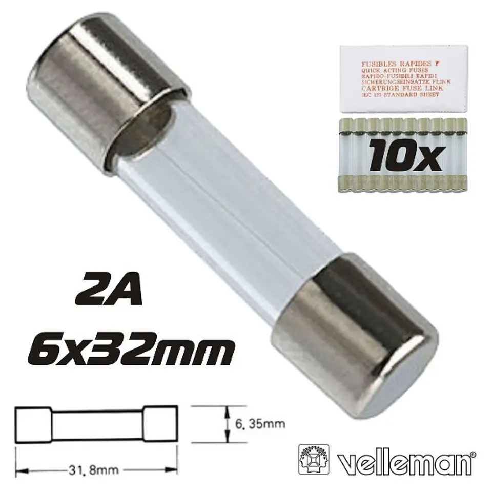 FUSÍVEL 6X32 FUSÃO LENTA 2A (10X) VELLEMAN 1