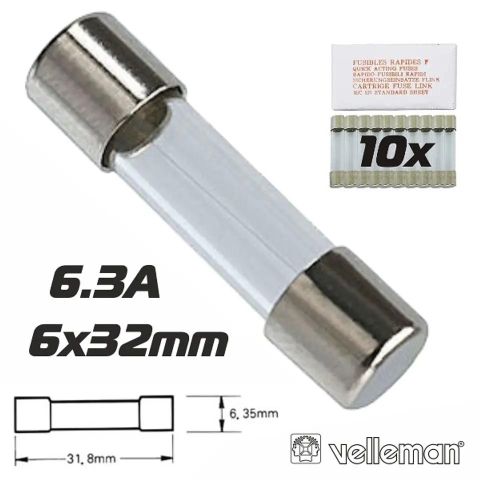 FUSÍVEL 6X32 FUSÃO LENTA 6.3A (10X) VELLEMAN 1