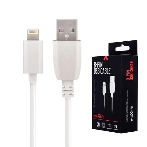 Cabo USB-A 2.0 2A Macho / iPhone 8P Branco 3m