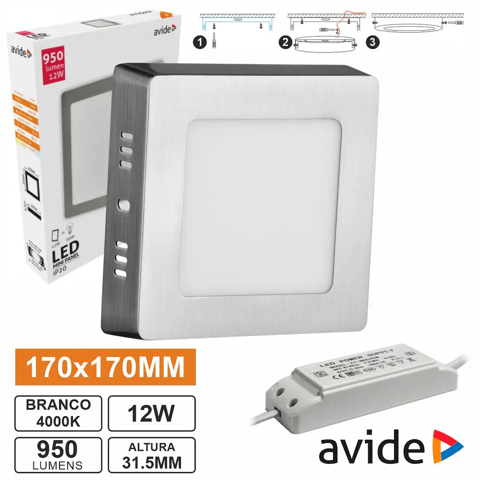Painel LEDS Quadrado Superfície 12W 170mm 4000K 840lm AVIDE 1