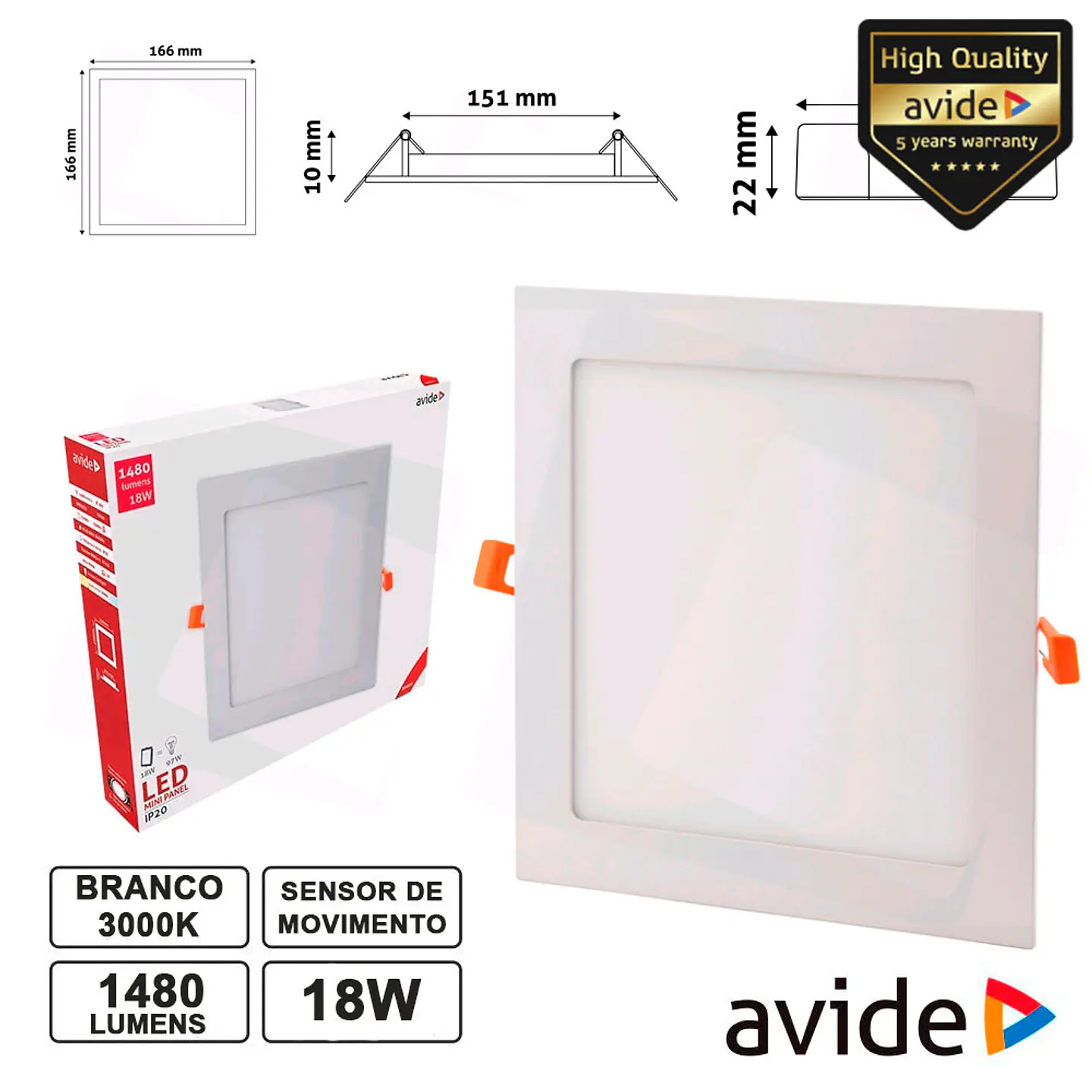 PAINEL LEDS QUADRADO 18W 220MM 3000K 1480LM AVIDE 1