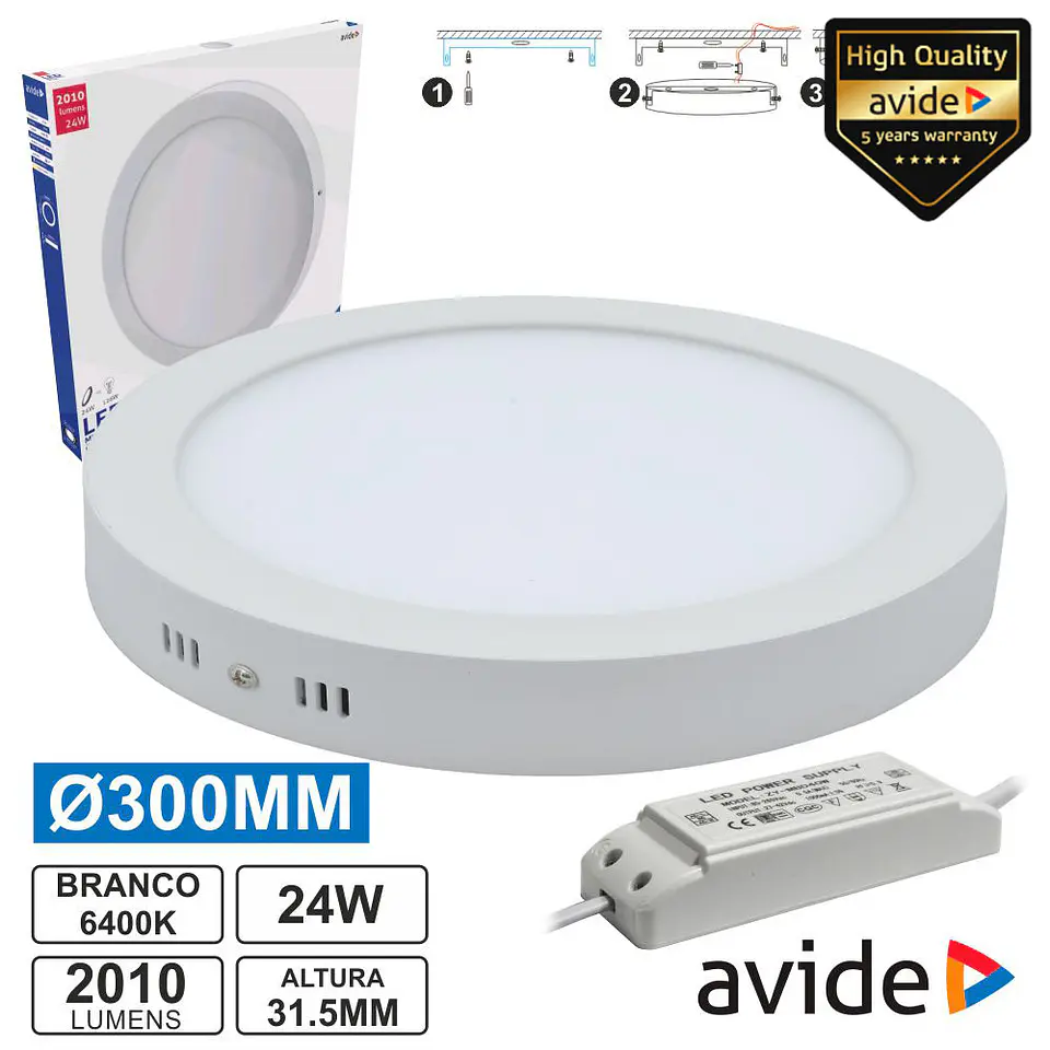 PAINEL LEDS REDONDO SUPERFÍCIE 24W 300MM 6400K 2010LM AVIDE 1