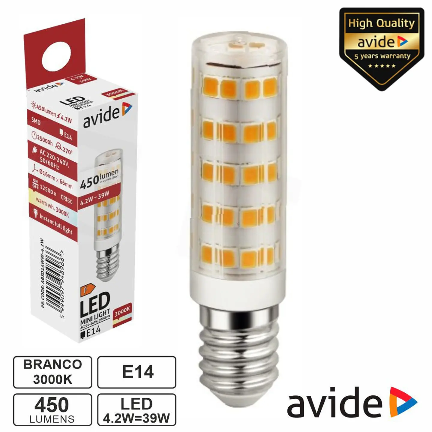 Lâmpada LED E14 JD 4.2W 230V 3000K 450lm AVIDE 1