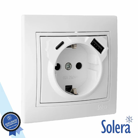 Tomada Elétrica Encastrar 1x Schuko 1xUSB-A 1xUSB-C SOLERA
