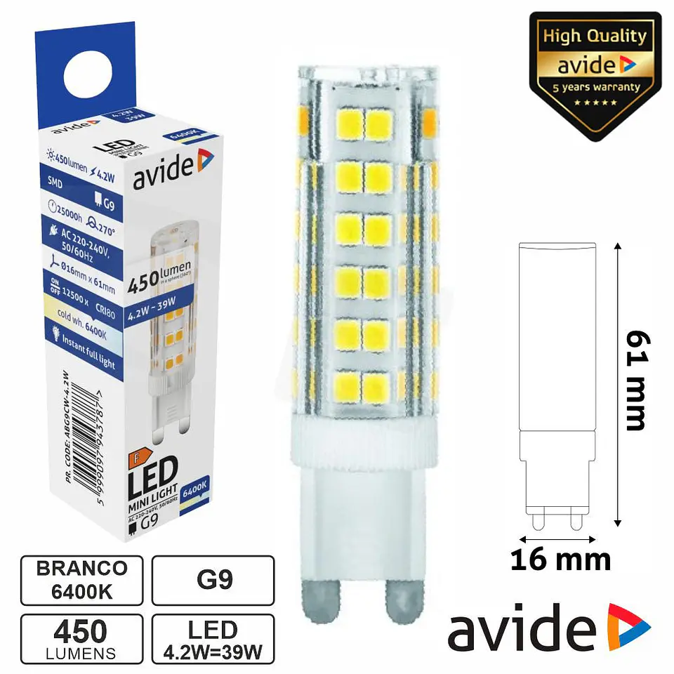 Lâmpada LED G9 4.2W 230V 6400K 450lm AVIDE 1