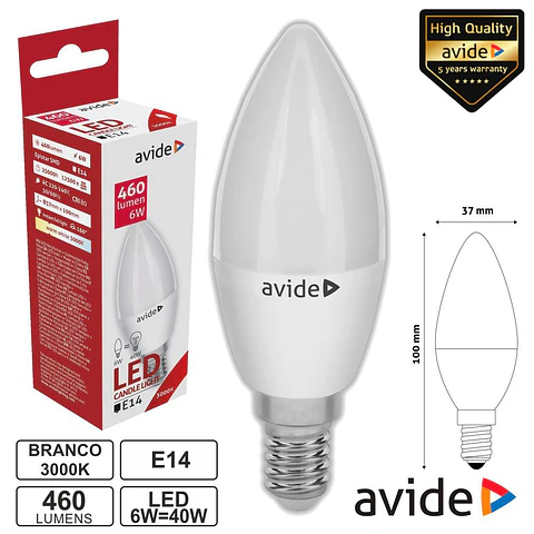 LÂMPADA LED E14 VELA 6W 230V 3000K 460LM AVIDE