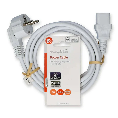 Cabo Alimentação Schuko 90º / IEC C13 2m Branco
