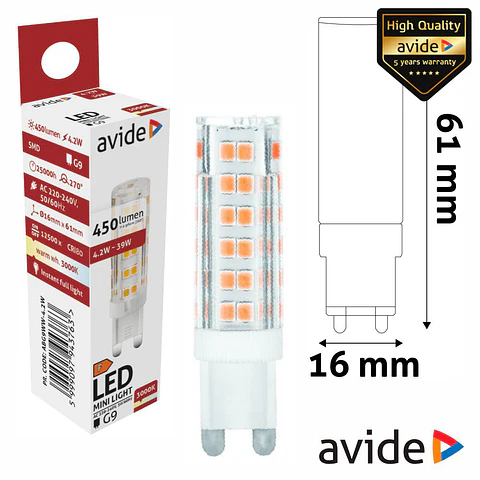 Lâmpada LED G9 4.2W 230V 3000K 450lm AVIDE