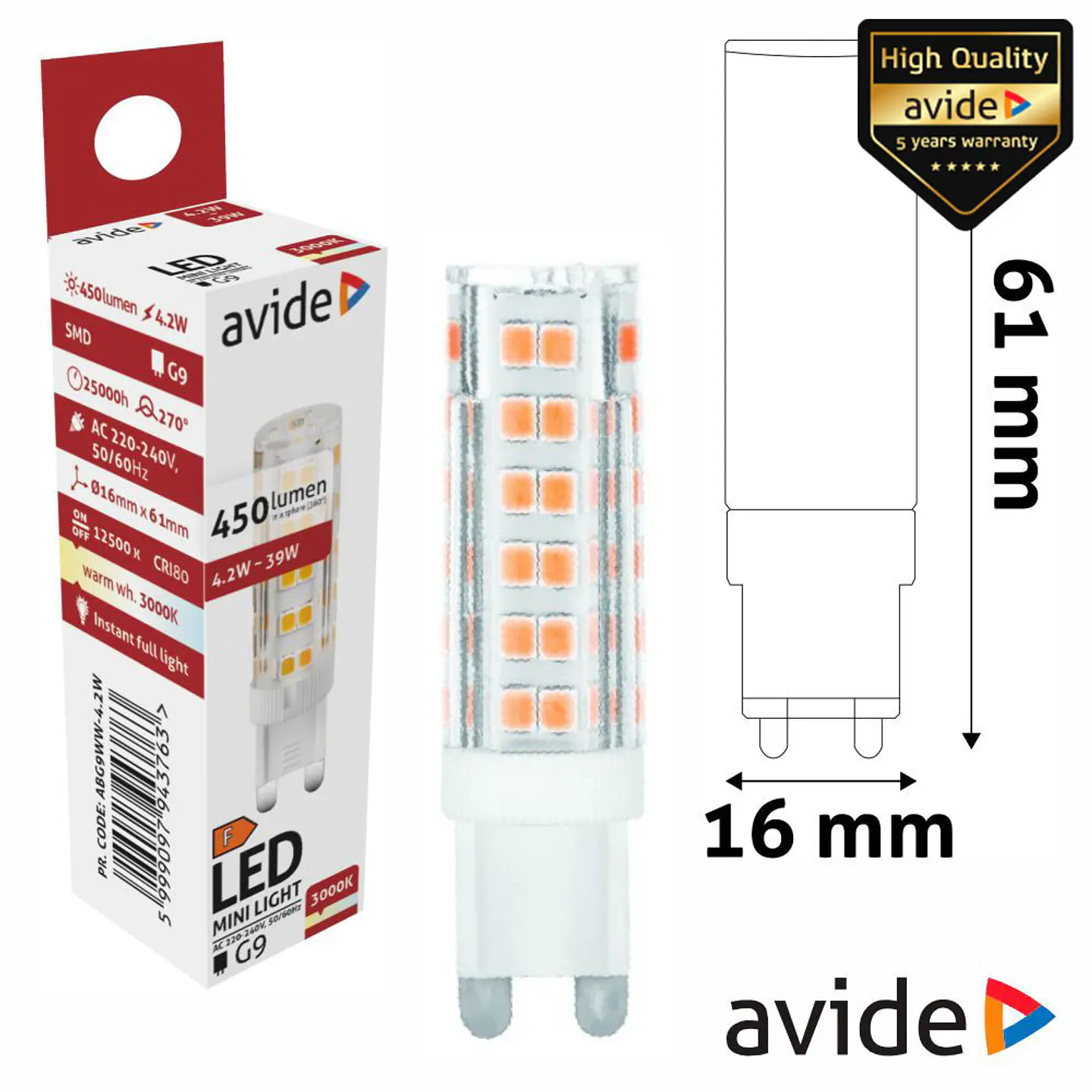 Lâmpada LED G9 4.2W 230V 3000K 450lm AVIDE 1
