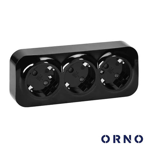 Tomada Elétrica Superfície 3x Schuko Preta ORNO