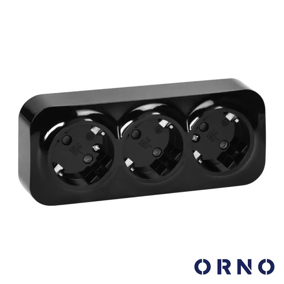 Tomada Elétrica Superfície 3x Schuko Preta ORNO 1