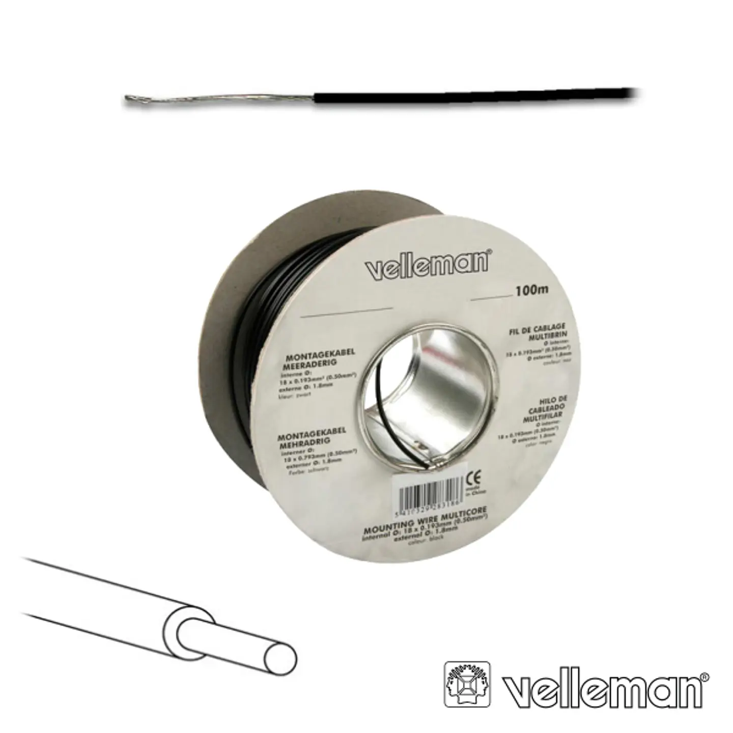 CABO UNIFILAR PRETO 0.5MM ROLO 100M VELLEMAN 1