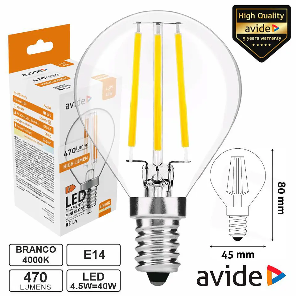 Lâmpada LED E14 Globo Filamento 4.5W 230V 4000K 470lm AVIDE 1