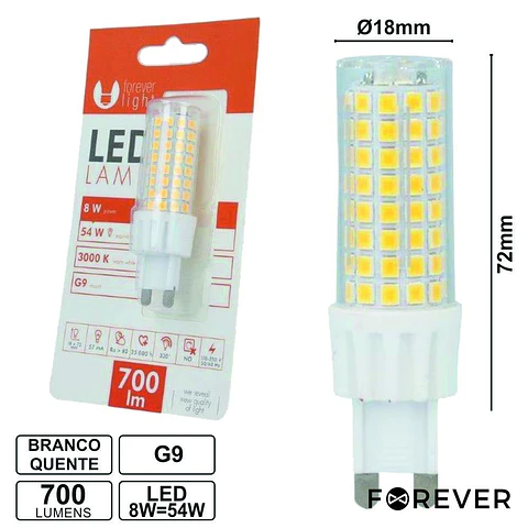 LÂMPADA G9 8W=54W 230V BRANCO QUENTE 700LM