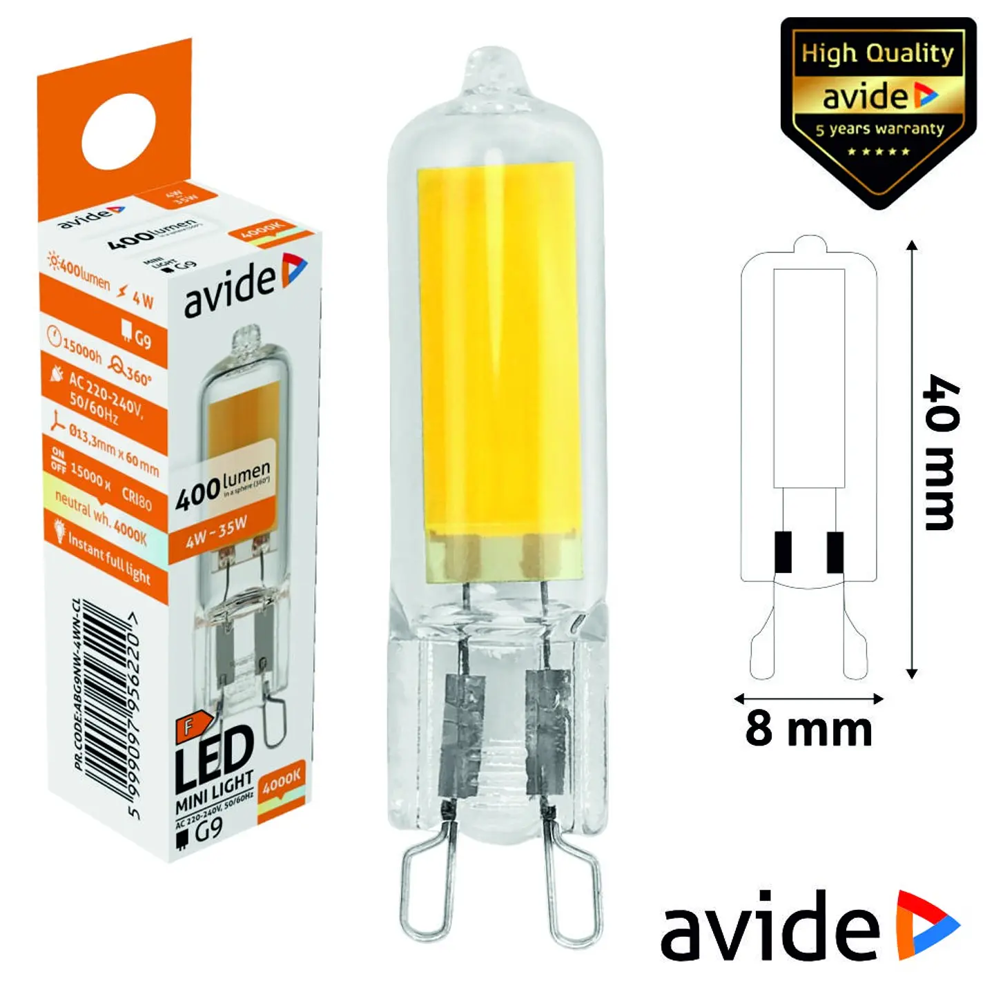 Lâmpada LED G9 4W 230V COB 4000K 400lm AVIDE 1