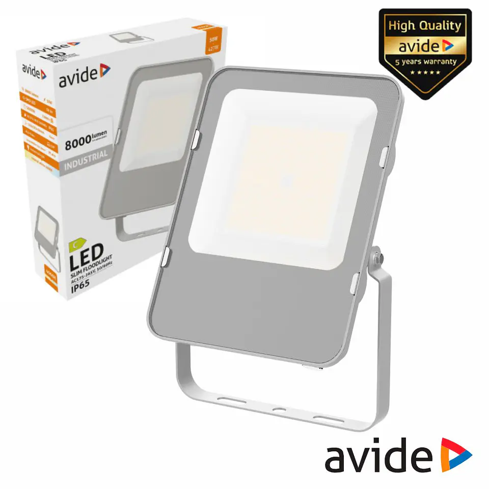 Foco LED Industrial 50W 230V 4000K 8000lm Cinza IP65 AVIDE 1