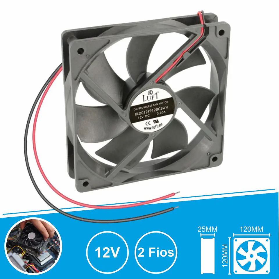 Ventoinha 12V 120x120x25mm 2 Fios KLD012PP120CSWH LUFT 1