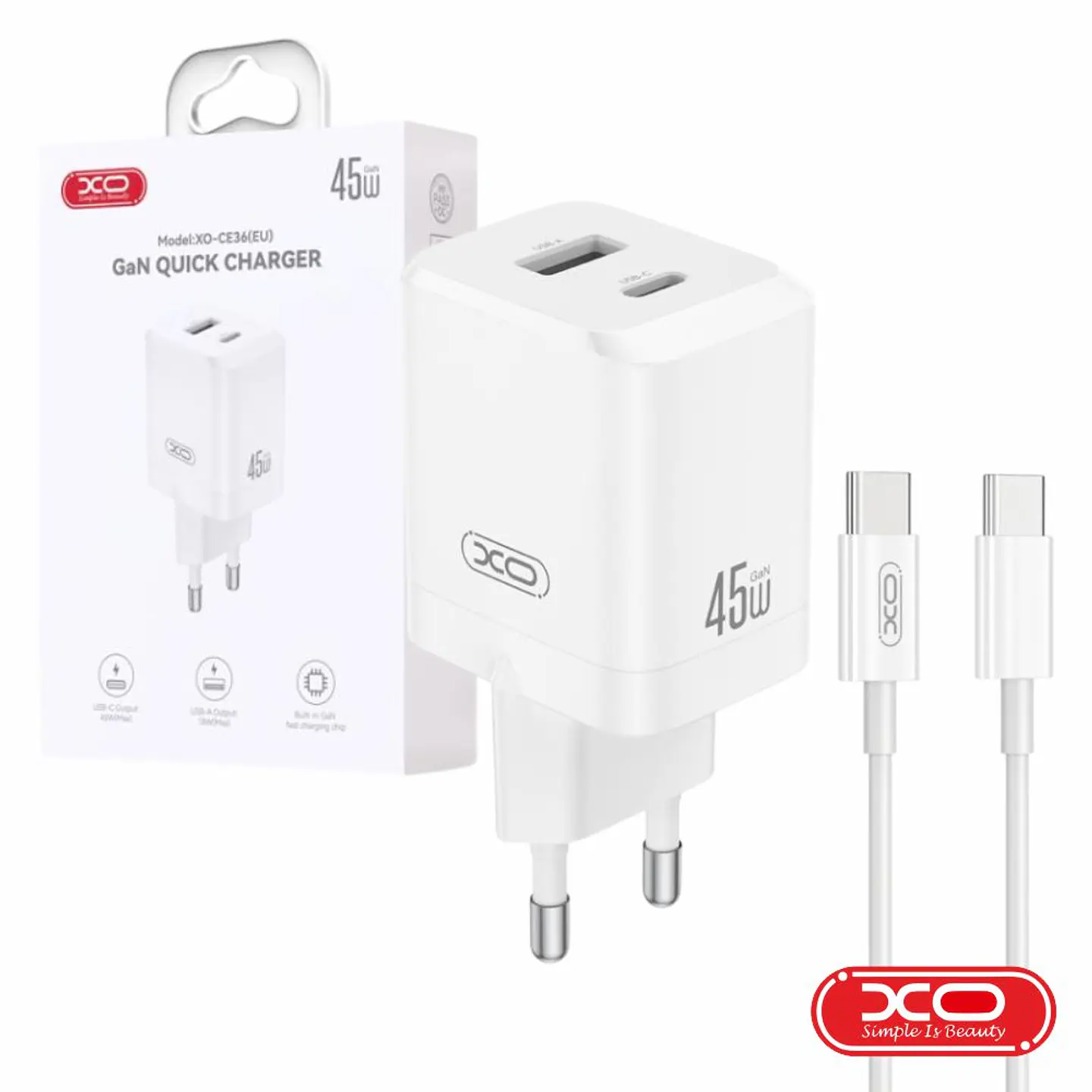 Alimentador 1x USB-A / 1x USB-C 45W GaN C/ Cabo USB-C XO 1