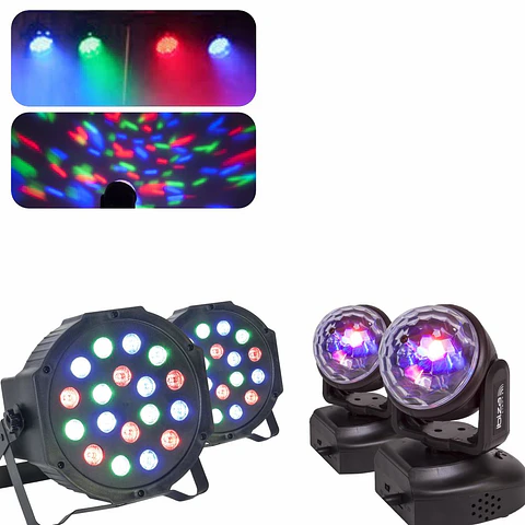 2x Moving Head RGB 18W e 2x Projetor PAR 18 LEDs RGB DMX