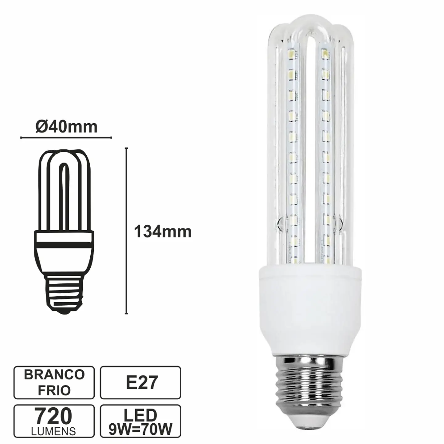 LÂMPADA E27 9W=70W 230V LED 3U BRANCO FRIO 720LM 1