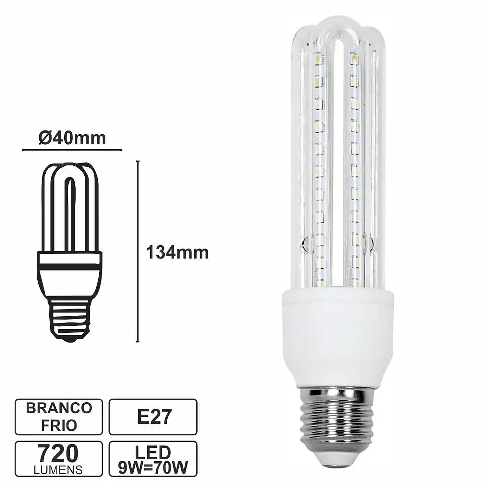 LÂMPADA E27 9W=70W 230V LED 3U BRANCO FRIO 720LM 1