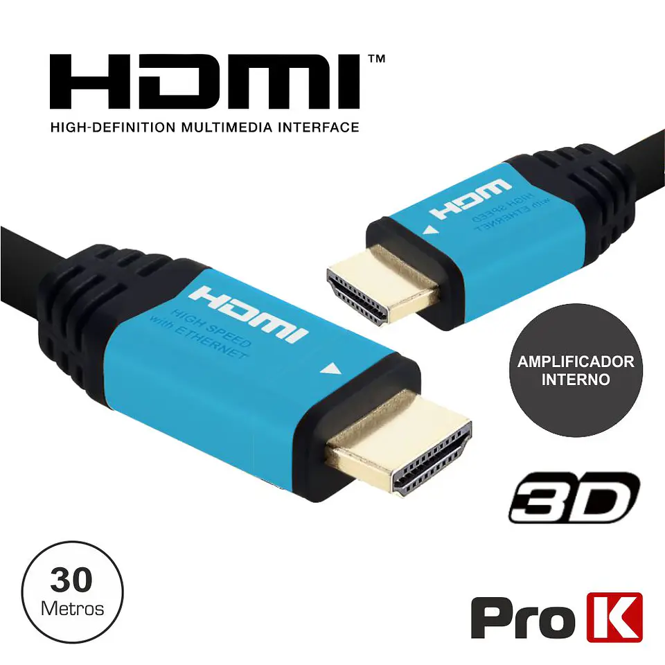 CABO HDMI DOURADO MACHO / MACHO C/ AMPLIFICADOR 30M PROK 1