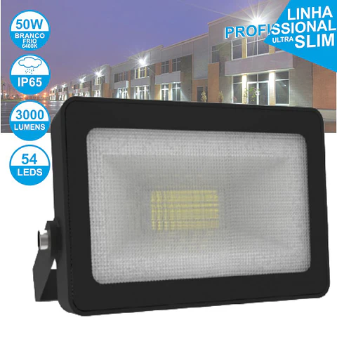 FOCO LED 50W 230V BRANCO FRIO 3000LM IP65 SLIM PRETO