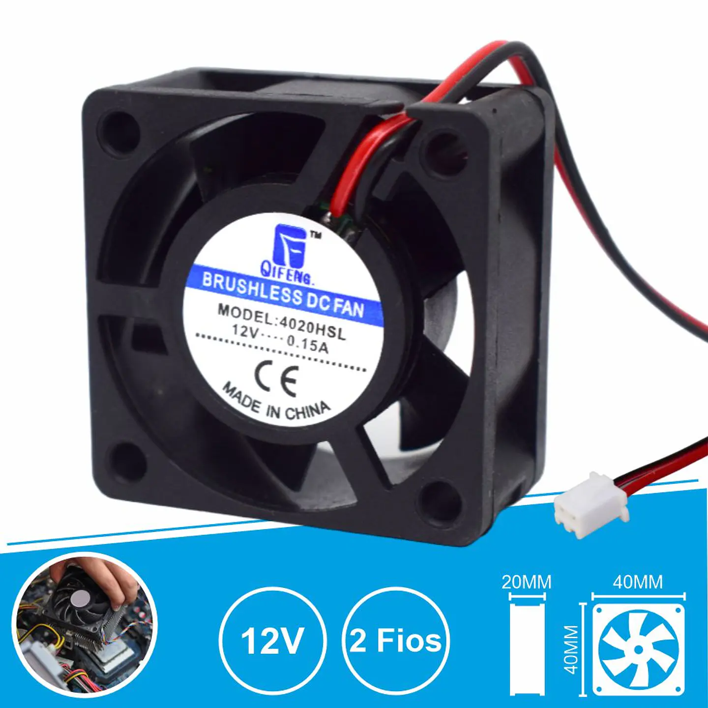 Ventoinha 12V 40x40x20mm 2 Fios 1