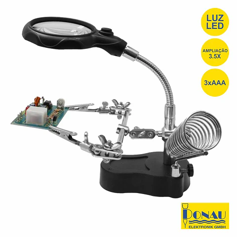 SUPORTE ARTICULADO C/ LUPA PINÇAS SUPORTE FERRO E LED DONAU