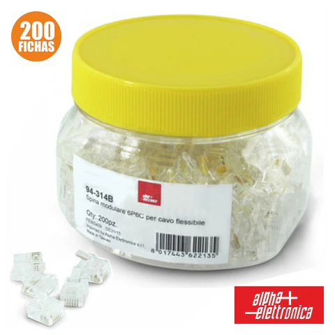 FICHA TELEFONE RJ12 MODULAR 6P6C P/ CABO FLEXÍVEL 200X