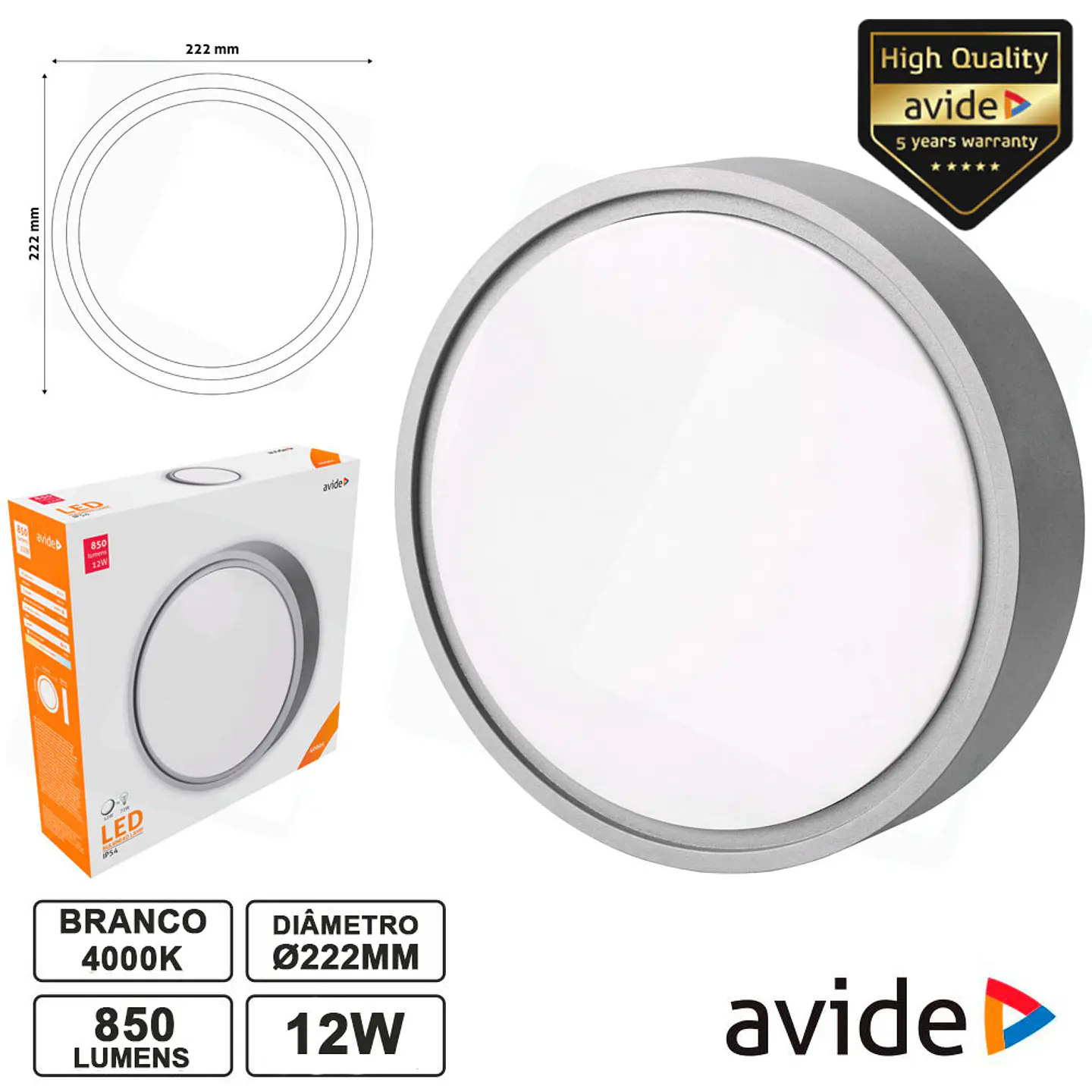 PAINEL LEDS REDONDO 12W 222MM 4000K 850LM IP54 AVIDE 1
