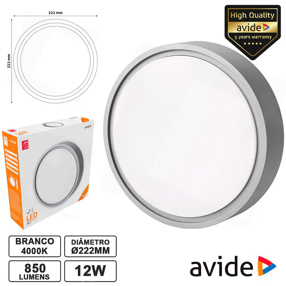 PAINEL LEDS REDONDO 12W 222MM 4000K 850LM IP54 AVIDE 1