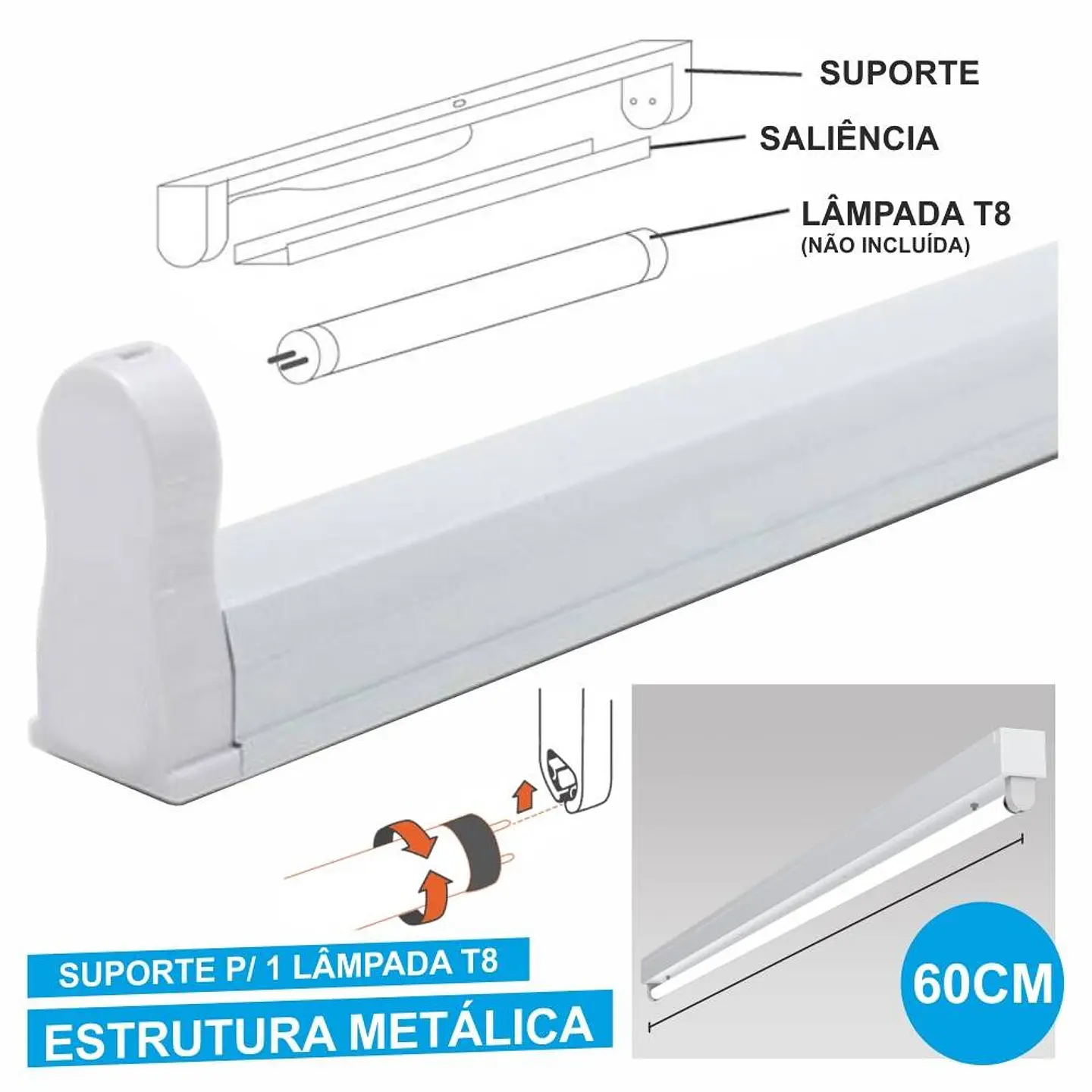 ARMADURA 60CM P/ LÂMPADA TUBULAR T8 1