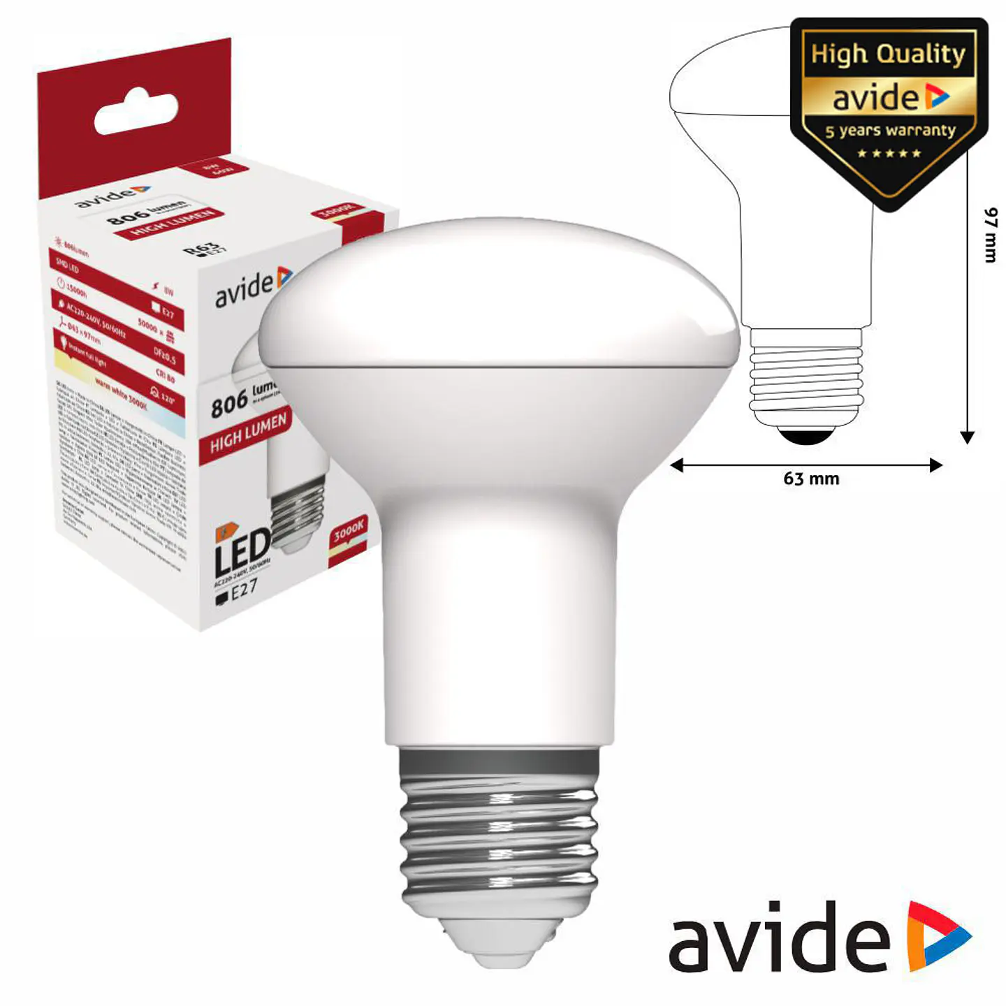 Lâmpada LED E27 R63 8W 230V 3000K 806lm AVIDE 1
