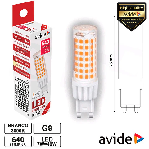 LÂMPADA LED G9 7W 230V 3000K 640LM AVIDE