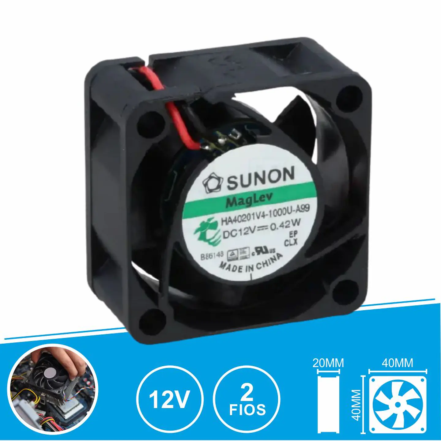 Ventoinha 12VDC 40x40x20mm 2 Fios HA40201V4-1000U-A99 SUNON 1