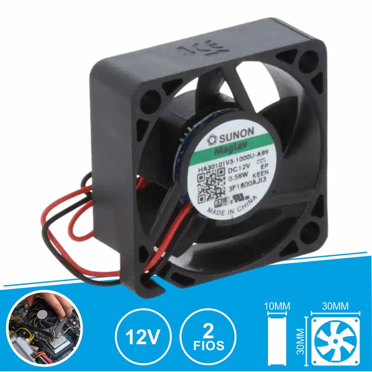 Ventoinha 12VDC 30x30x10mm 2 Fios HA30101V3-1000U-A99 SUNON 1