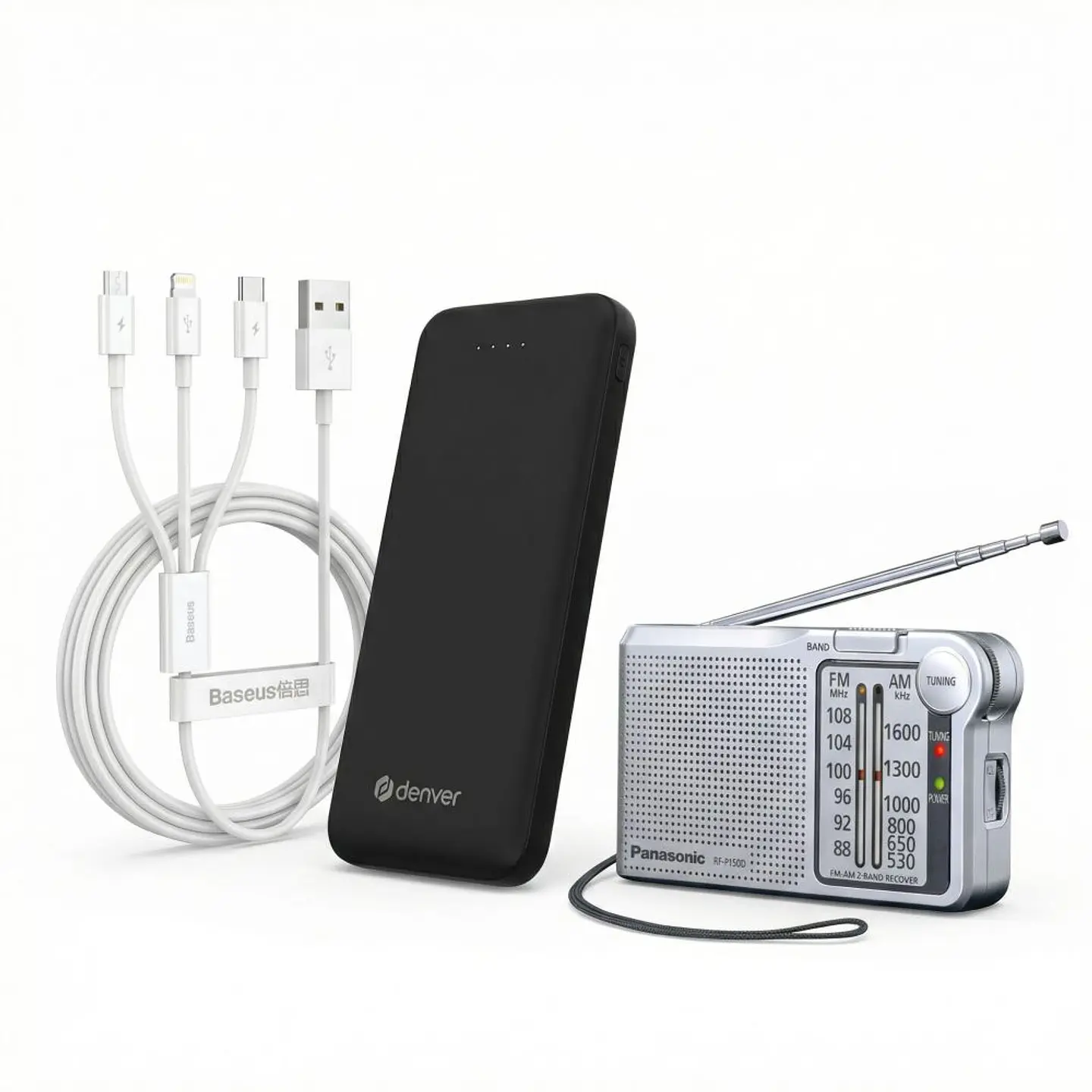 Kit C/ Rádio A Pilhas + Cabo USB-A 3em1 + Powerbank 10000mAh 1