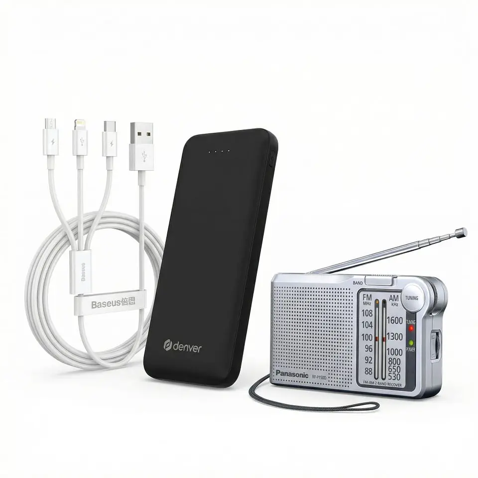 Kit C/ Rádio A Pilhas + Cabo USB-A 3em1 + Powerbank 10000mAh 1