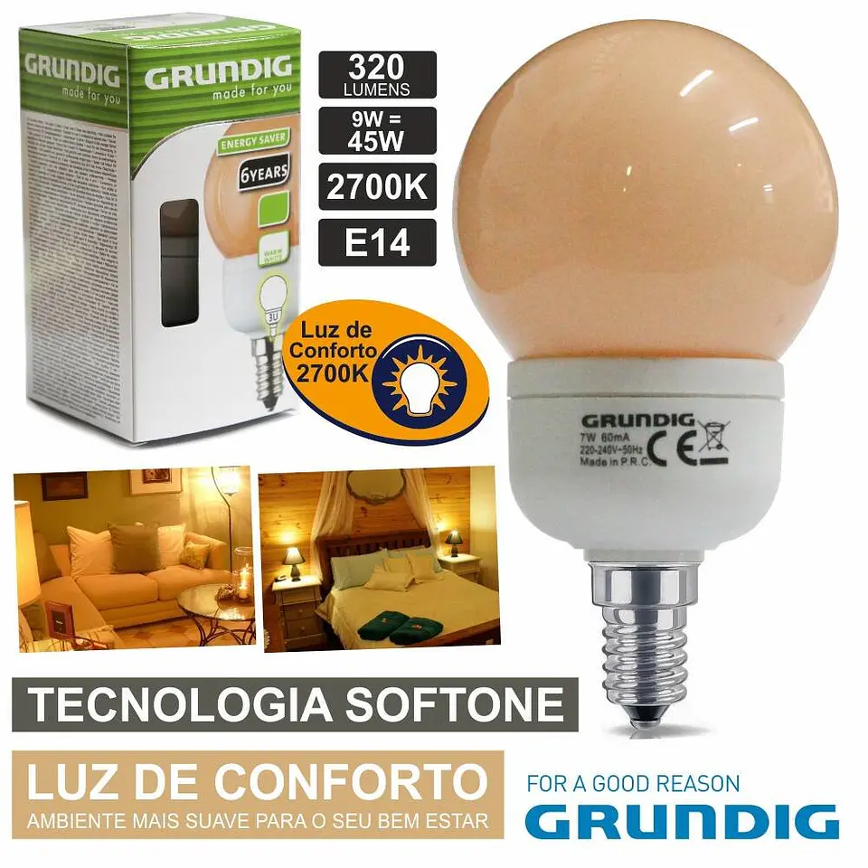 LÂMPADA E14 9W=45W 230V ECO TEC. SOFTONE 320LM GRUNDIG 1