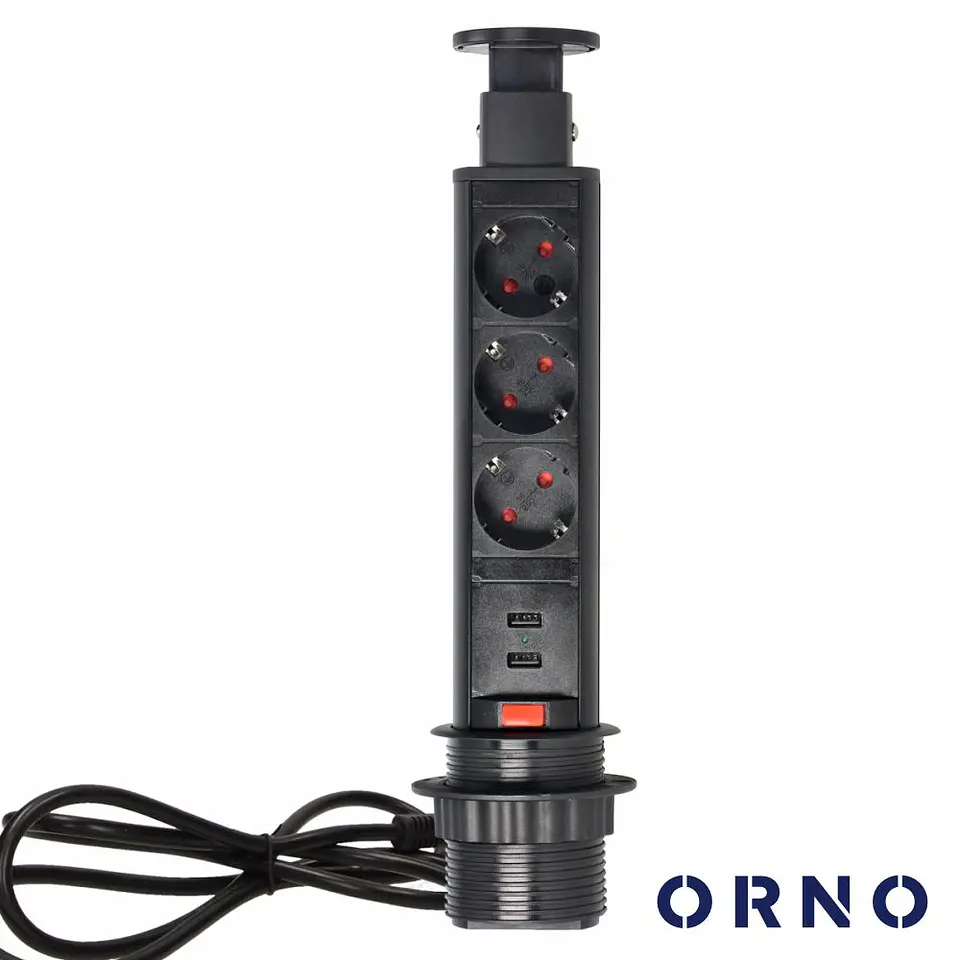 Tomada Elétrica Encastrar 3x Schuko 2x USB-A Preta ORNO 1