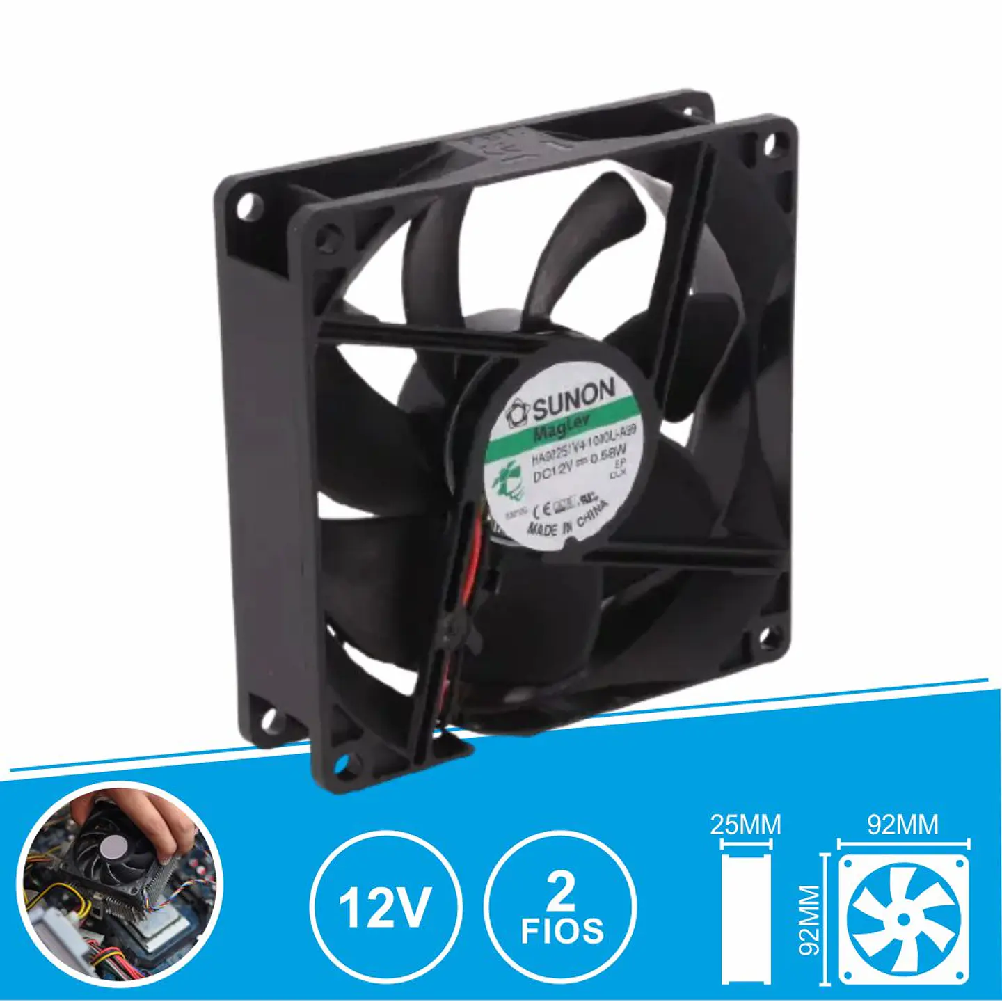 Ventoinha 12VDC 92x92x25mm 2 Fios HA92251V4-1000U-A99 SUNON 1