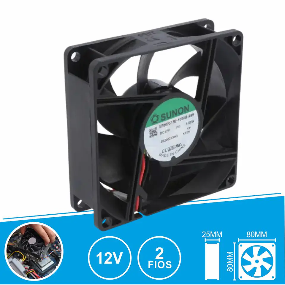 Ventoinha 12VDC 80x80x25mm 2 Fios EF80251B2-1000U-A99 SUNON 1