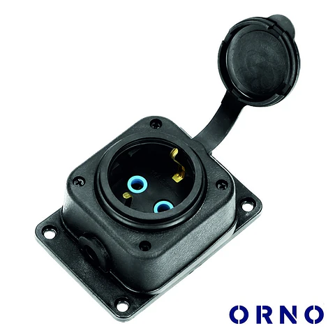 Ficha Schuko Fêmea 16A/230V Preta C/ Tampa ORNO