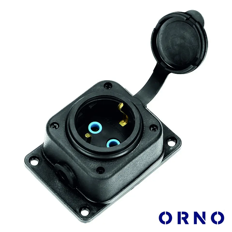 Ficha Schuko Fêmea 16A/230V Preta C/ Tampa ORNO 1