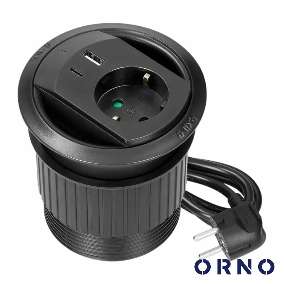 Tomada Elétrica Encastrar 1x Schuko 2x USB PD Preto ORNO 1
