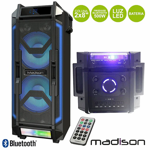 COLUNA AMPLIFICADA 2x8" 500W FM/USB/BT/BAT LEDS MADISON