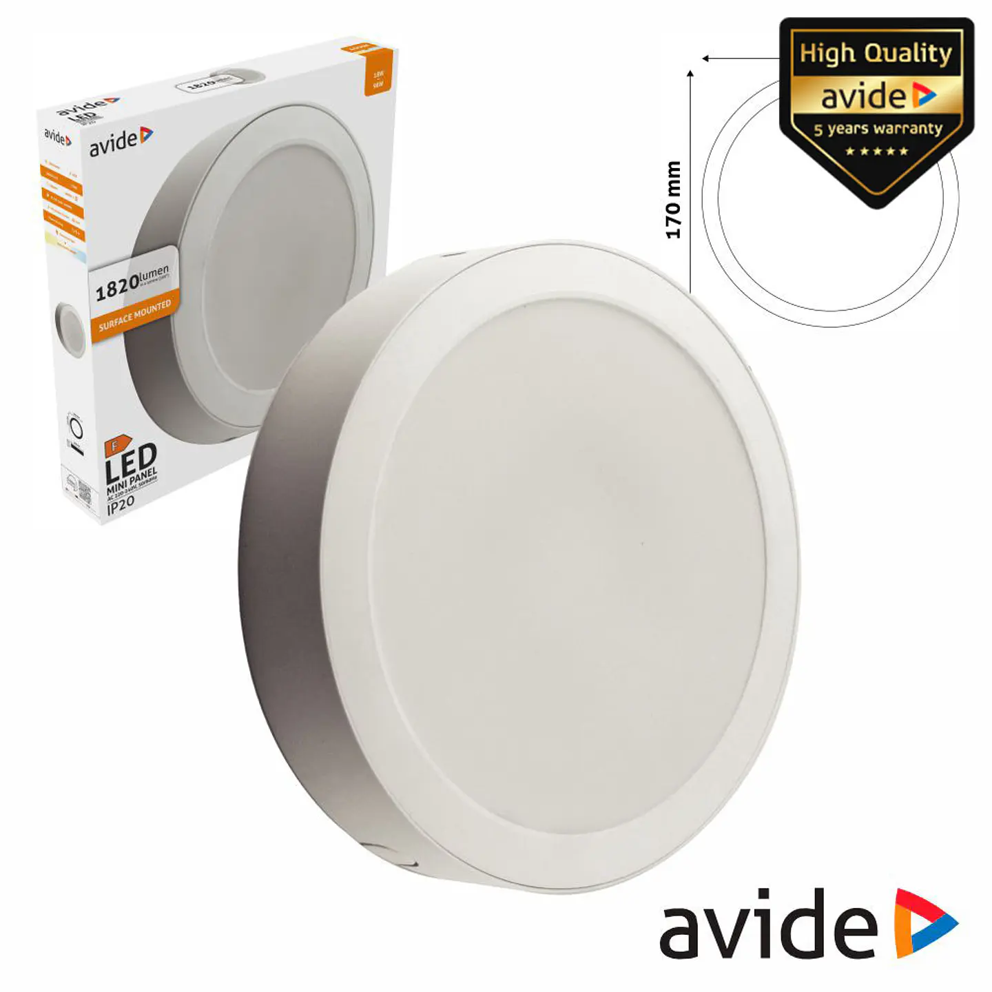 Painel LEDS Redondo Superfície 18W 170mm 4000K 1820lm AVIDE 1